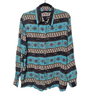 Vintage L Silk Button Up Top Nautical Chain Print Long Sleeve Old Money 80s 90s